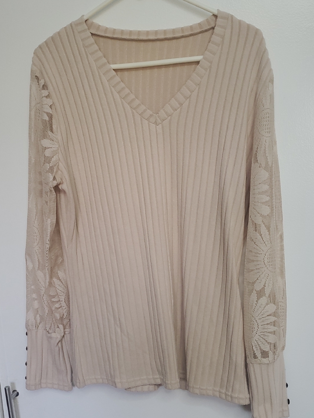 Light Beige Ribbed V-Neck Top with Lace Detail